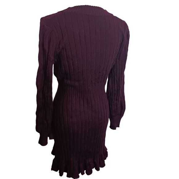 NEW Taylor Petites Cable Knit Ruffled Mini Sweaterdress, Large Petite, Fig - Picture 6 of 14